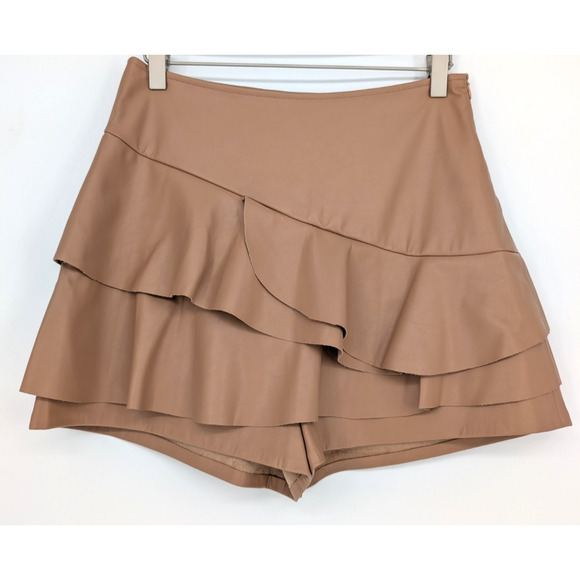 Do + Be Faux Leather Ruffle Skort Tan High Waist Mini Skort Medium Festival Boho - Picture 2 of 9